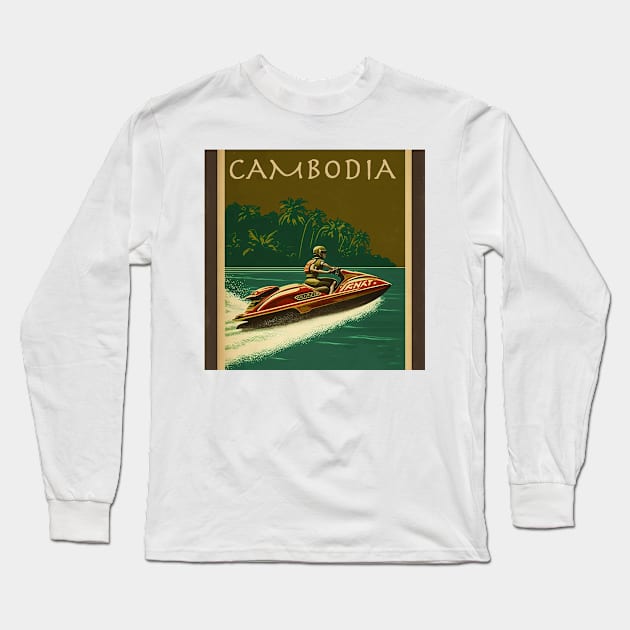 Cambodia Jet Ski Vintage Travel Art Poster Long Sleeve T-Shirt by OldTravelArt